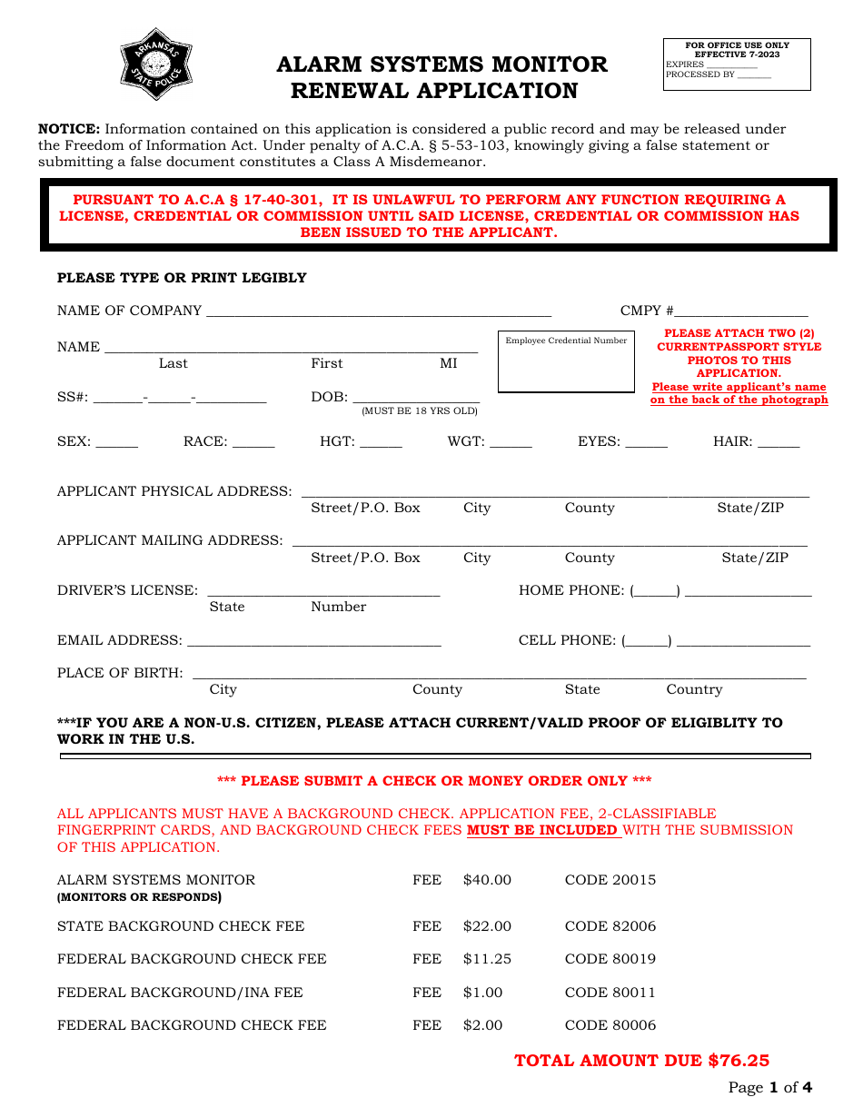 Alarm Systems Monitor Renewal Application - Arkansas, Page 1