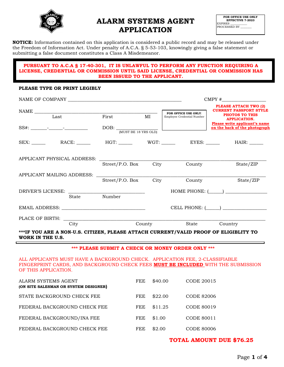 Alarm Systems Agent Application - Arkansas, Page 1