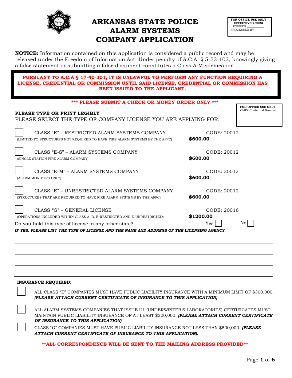 Alarm Systems Company Application - Arkansas, Page 1