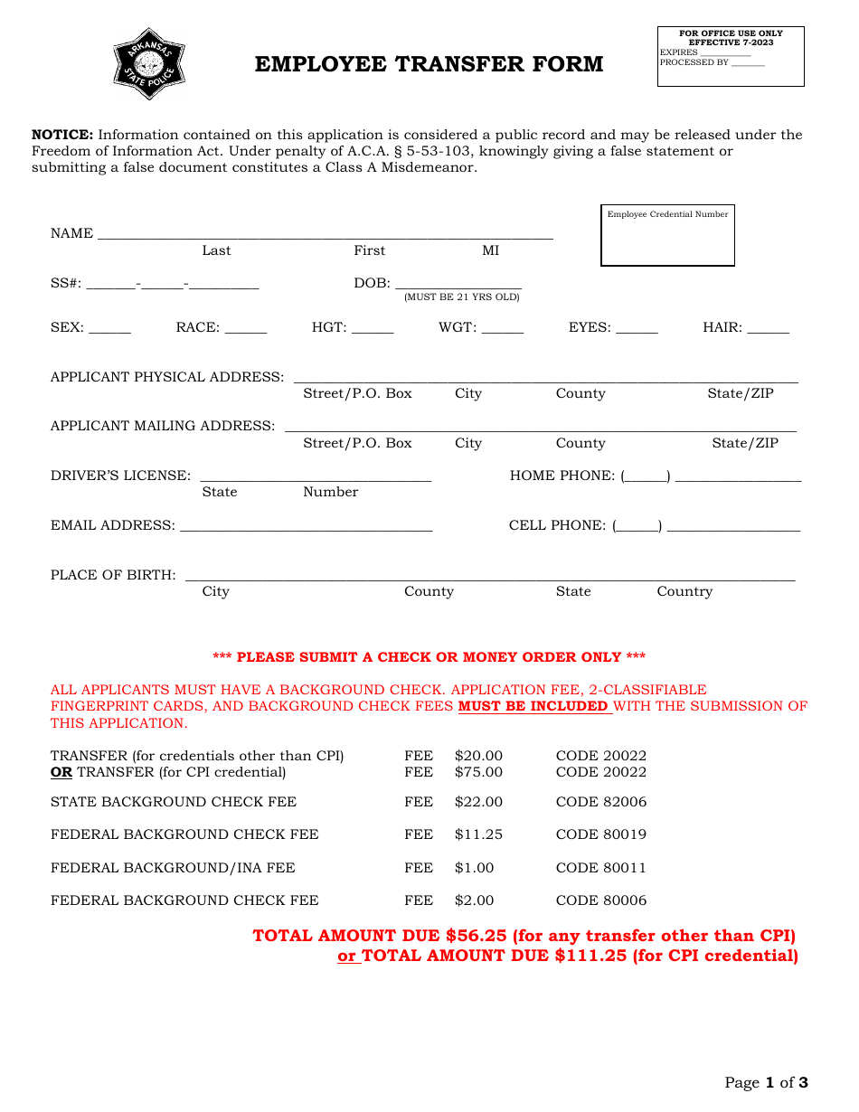 Employee Transfer Form - Arkansas, Page 1