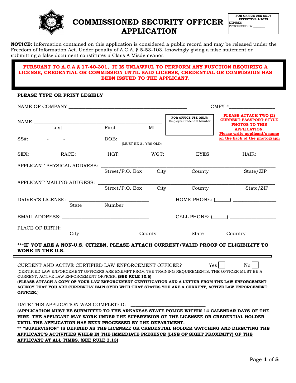 Commissioned Security Officer Application - Arkansas, Page 1