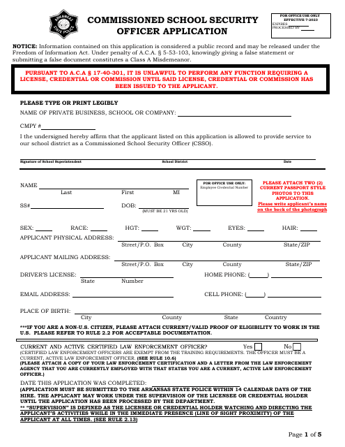 Commissioned School Security Officer Application - Arkansas Download Pdf