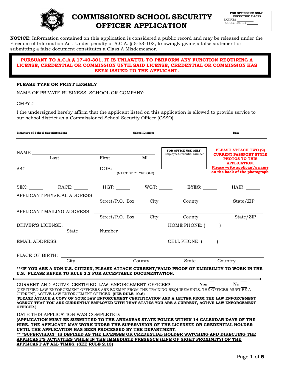 Commissioned School Security Officer Application - Arkansas, Page 1