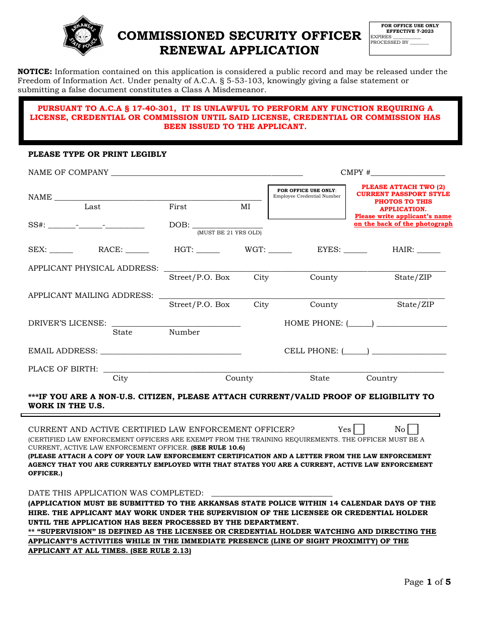 Commissioned Security Officer Renewal Application - Arkansas, Page 1