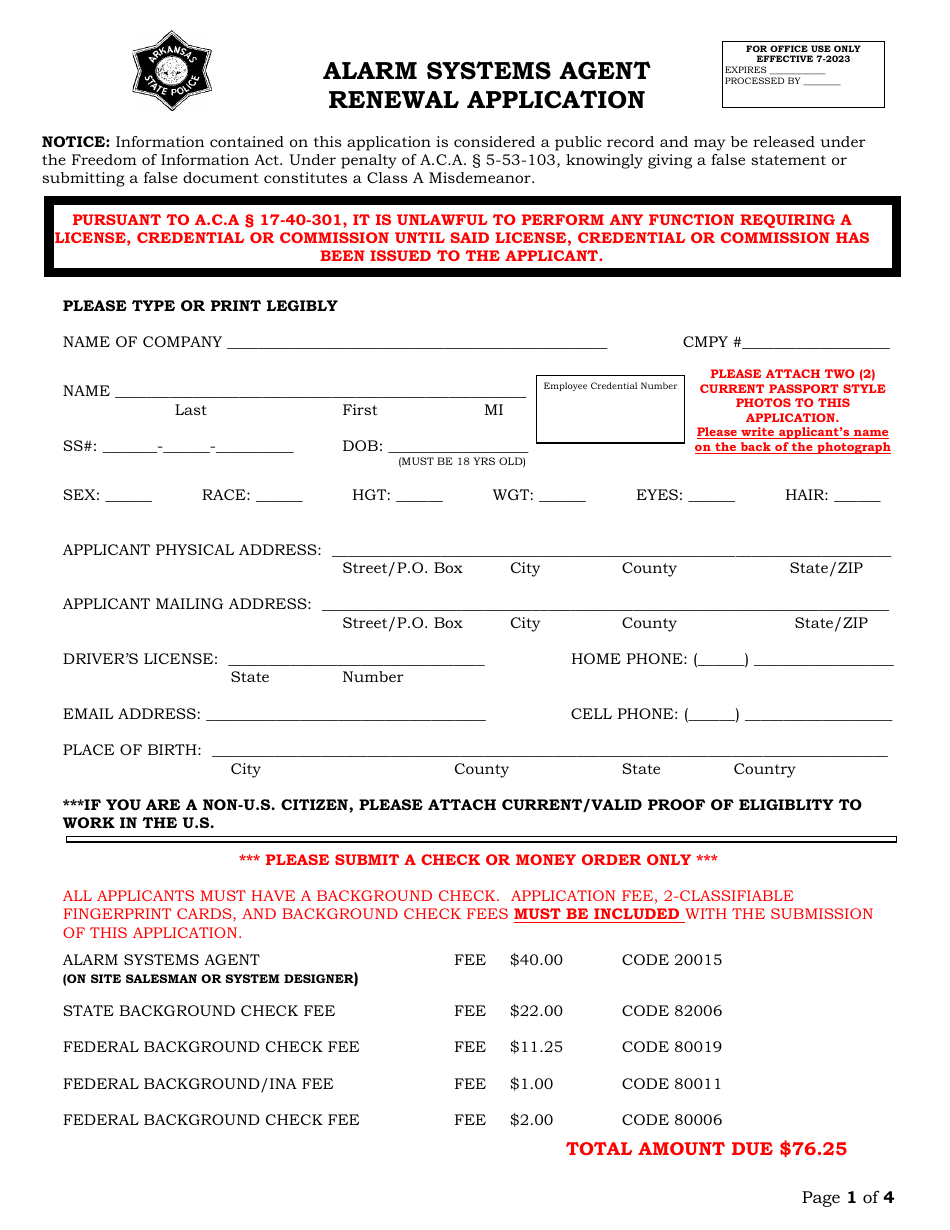 Alarm Systems Agent Renewal Application - Arkansas, Page 1