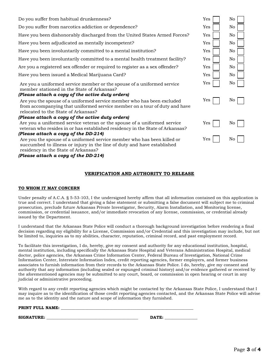 Alarm Systems Agent Renewal Application - Arkansas, Page 3
