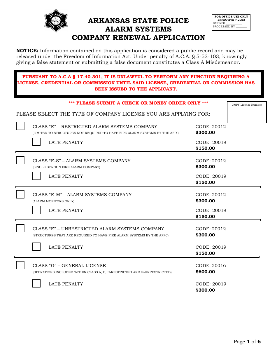 Alarm Systems Company Renewal Application - Arkansas, Page 1