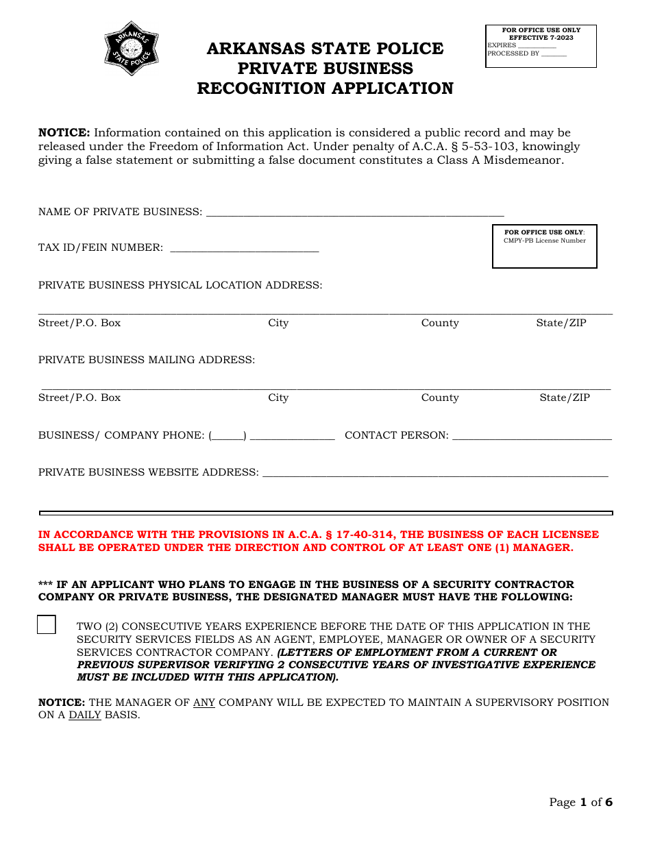Private Business Recognition Application - Arkansas, Page 1
