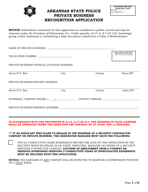 Private Business Recognition Application - Arkansas