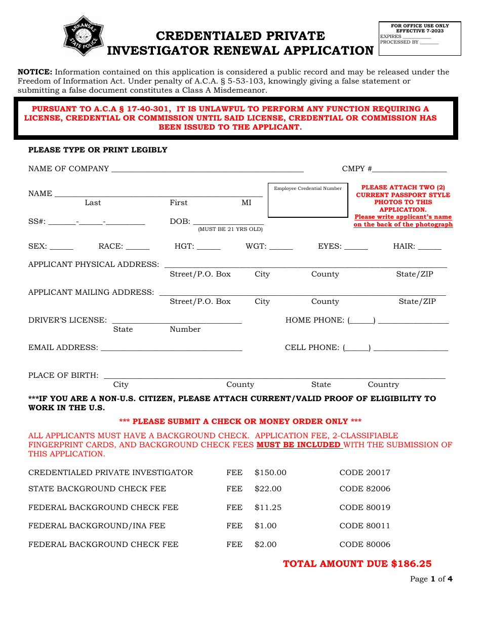 Arkansas Credentialed Private Investigator Renewal Application Fill