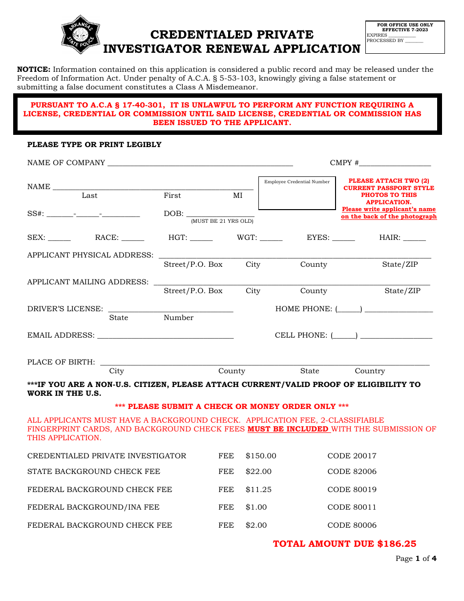 Credentialed Private Investigator Renewal Application - Arkansas, Page 1