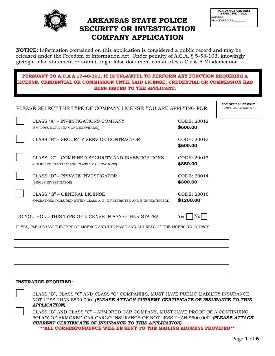 Security or Investigation Company Application - Arkansas, Page 1