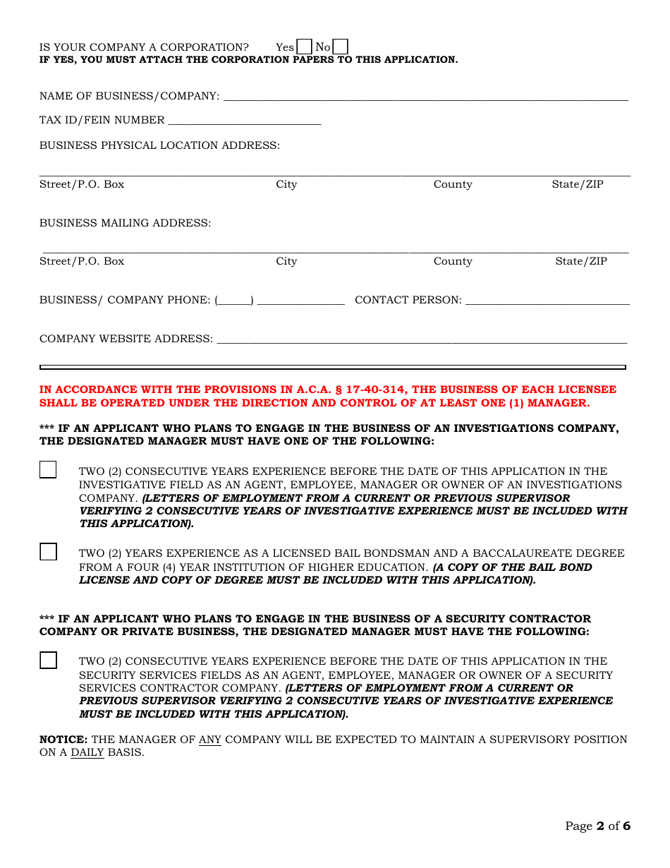 Security or Investigation Company Application - Arkansas, Page 2
