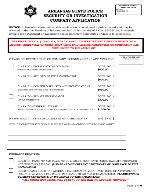 Security or Investigation Company Application - Arkansas Download Pdf