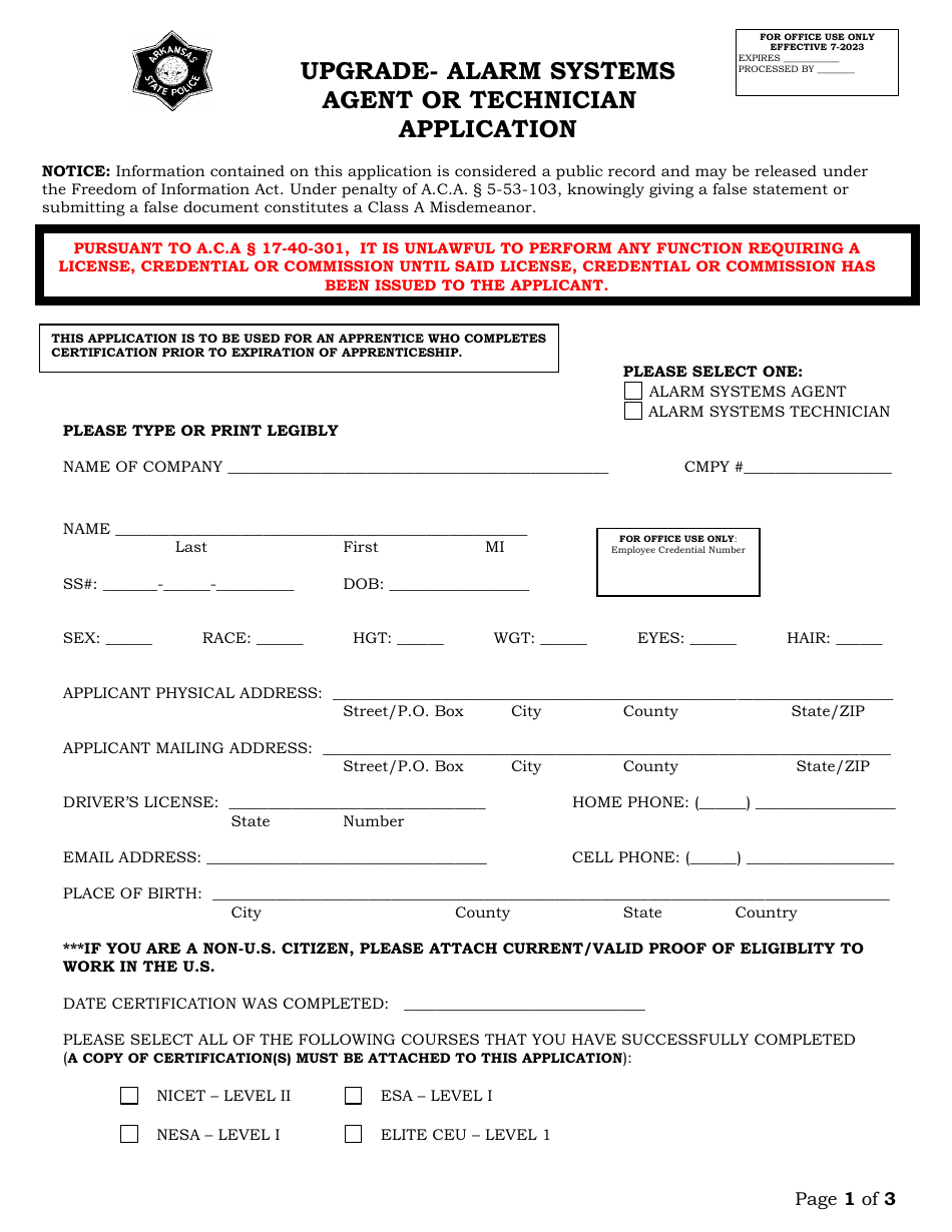 Upgrade - Alarm Systems Agent or Technician Application - Arkansas, Page 1