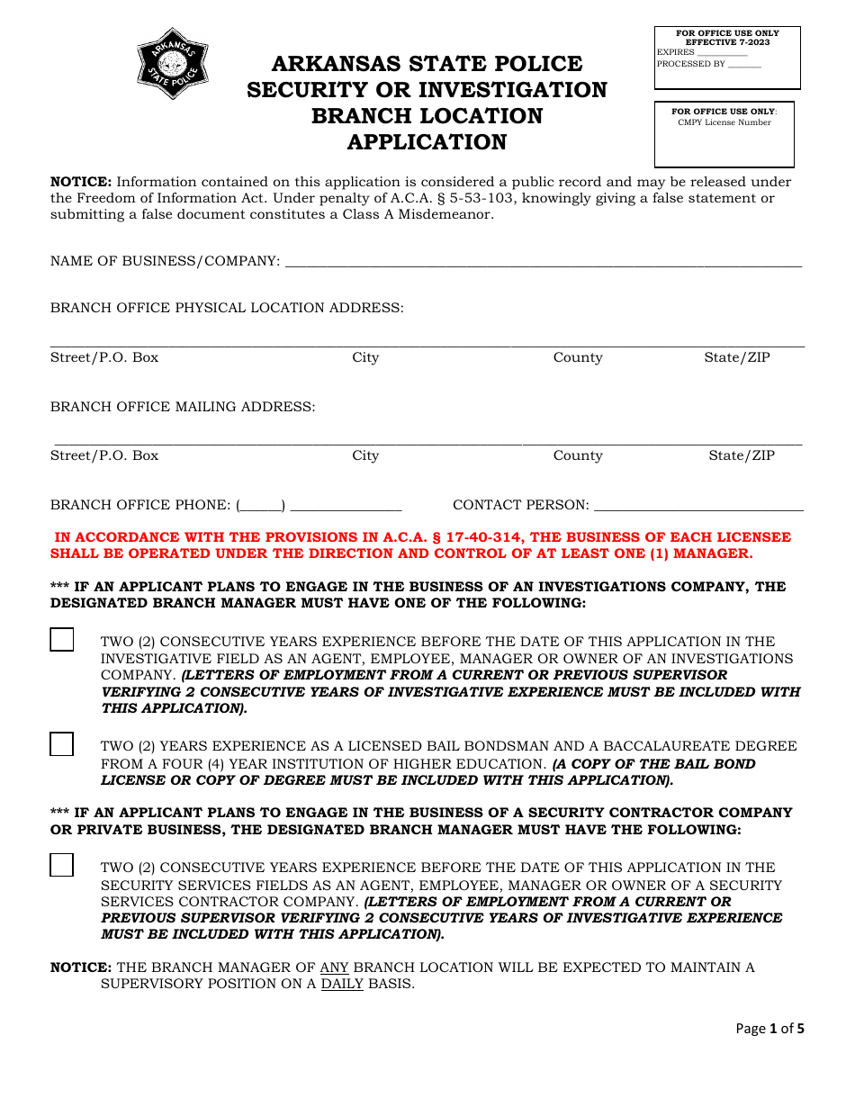 Security or Investigation Branch Location Application - Arkansas, Page 1