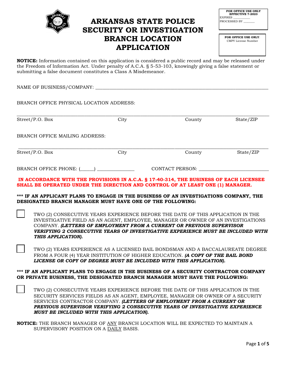 Branch Security Inspection Form Arkansas Security or Investigation Branch Location Application - Fill ...