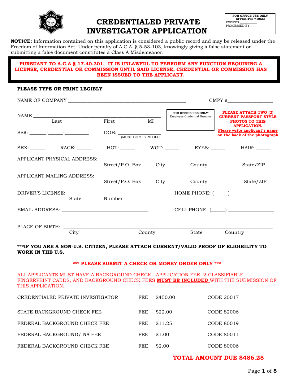 Credentialed Private Investigator Application - Arkansas, Page 1