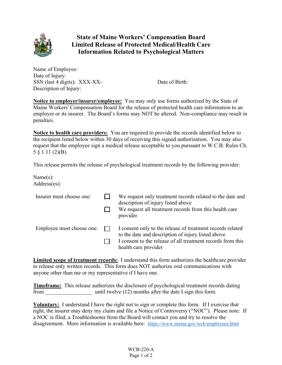 Form WCB-220-A Limited Release of Protected Medical / Health Care Information Related to Psychological Matters - Maine, Page 1