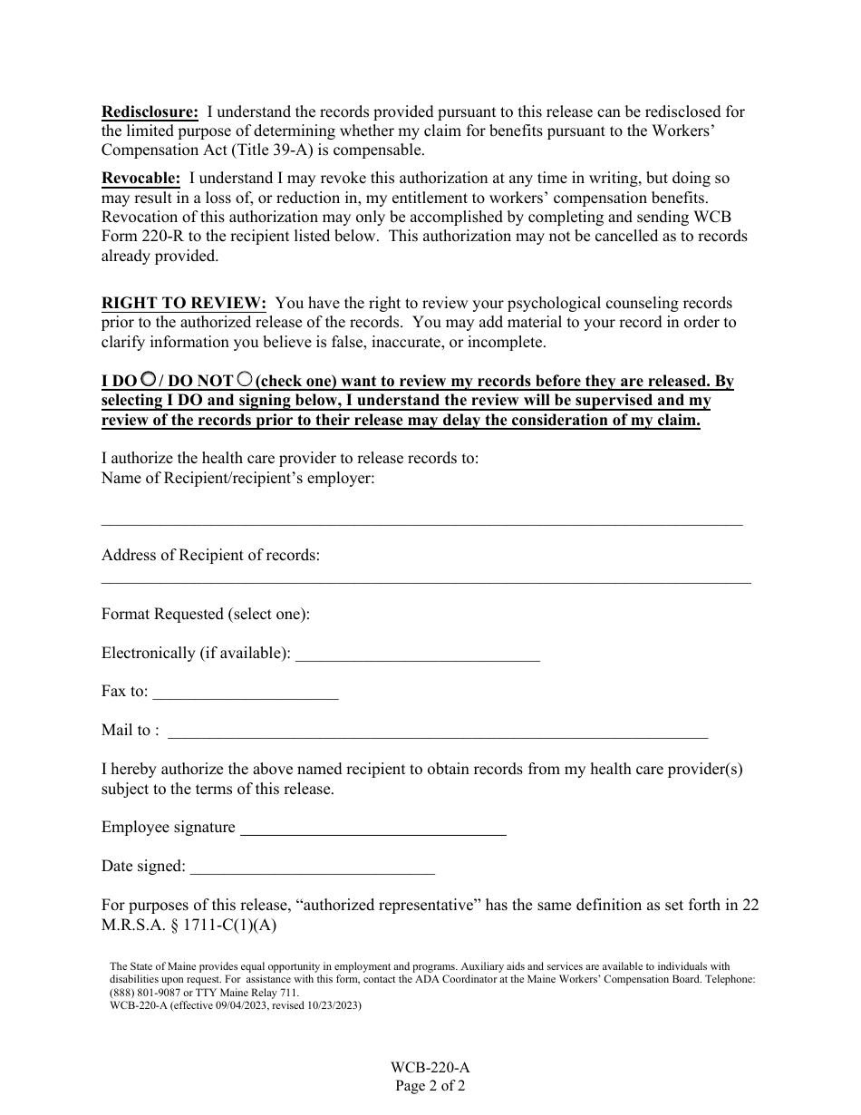 Form WCB-220-A Limited Release of Protected Medical / Health Care Information Related to Psychological Matters - Maine, Page 2