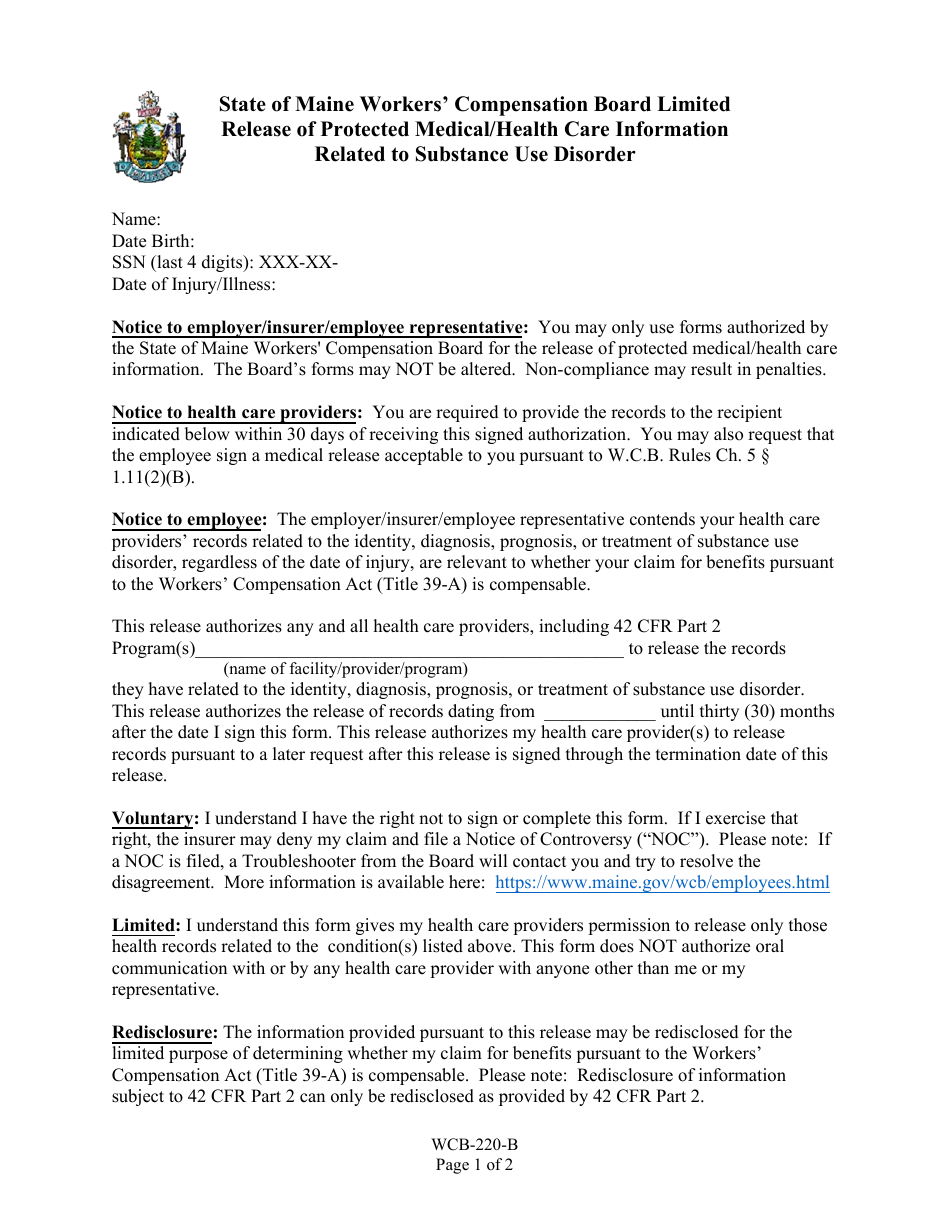 Form WCB-220-B Release of Protected Medical / Health Care Information Related to Substance Use Disorder - Maine, Page 1