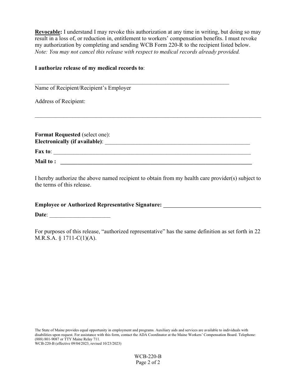 Form WCB-220-B Release of Protected Medical / Health Care Information Related to Substance Use Disorder - Maine, Page 2