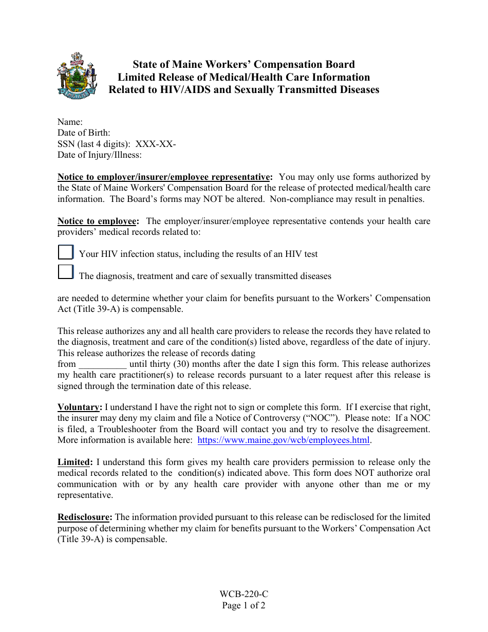 Form WCB-220-C Limited Release of Medical / Health Care Information Related to HIV / AIDS and Sexually Transmitted Diseases - Maine, Page 1