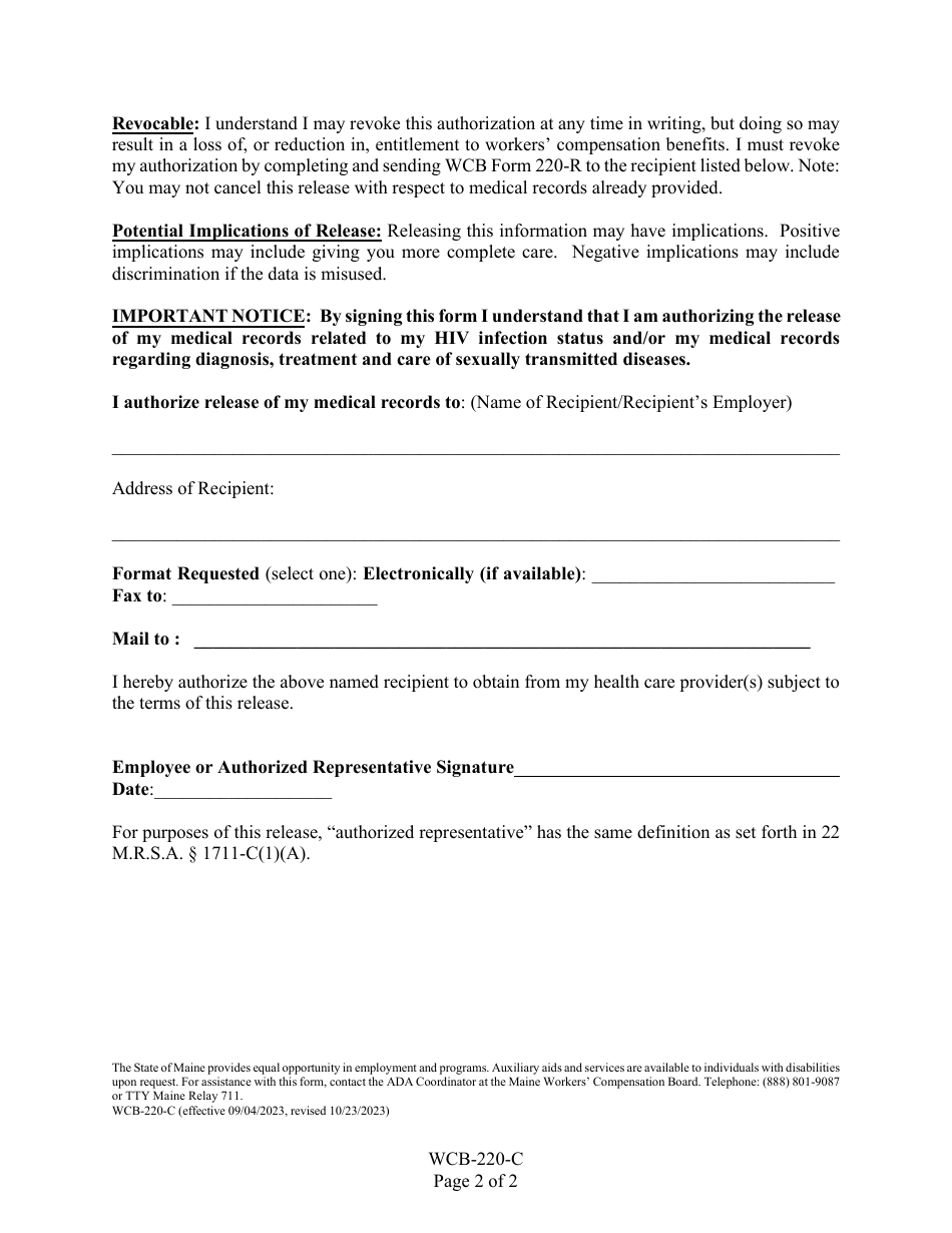 Form WCB-220-C Limited Release of Medical / Health Care Information Related to HIV / AIDS and Sexually Transmitted Diseases - Maine, Page 2