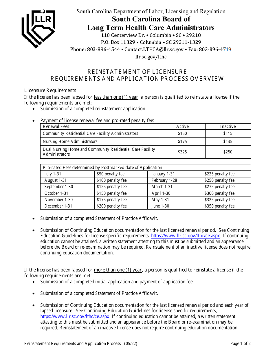 Long Term Health Care Administrator Reinstatement Application - South Carolina, Page 1