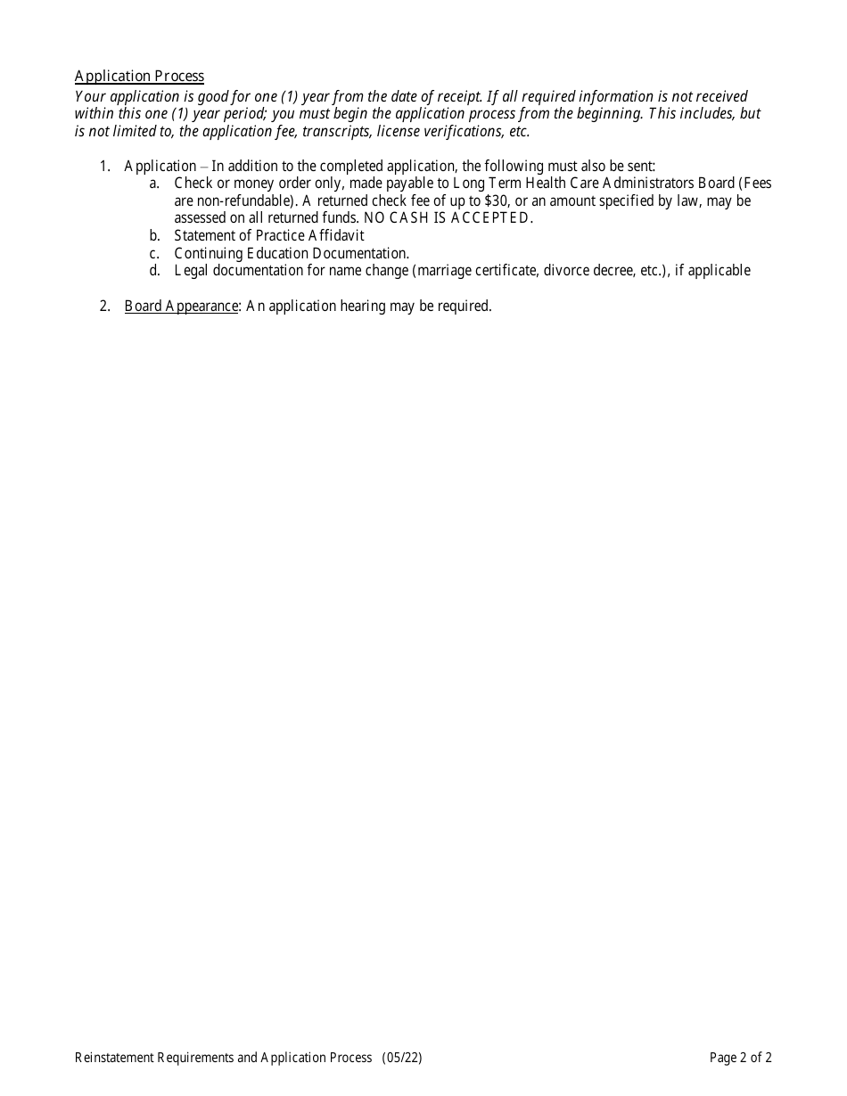 Long Term Health Care Administrator Reinstatement Application - South Carolina, Page 2