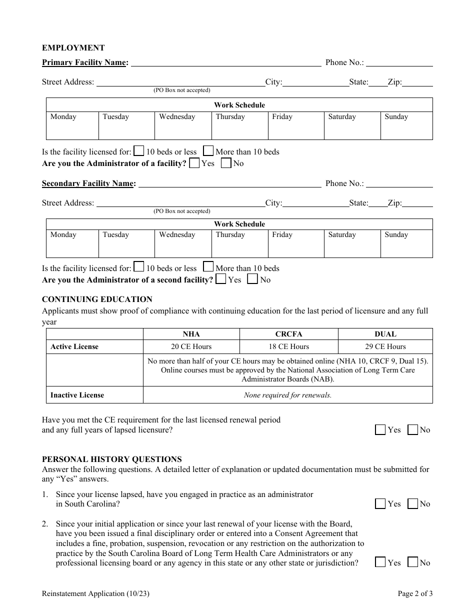 Long Term Health Care Administrator Reinstatement Application - South Carolina, Page 4