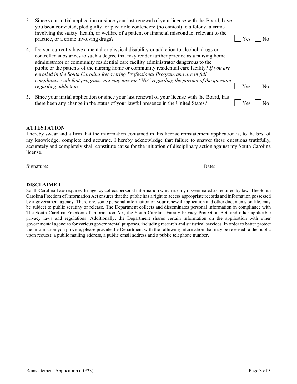 Long Term Health Care Administrator Reinstatement Application - South Carolina, Page 5