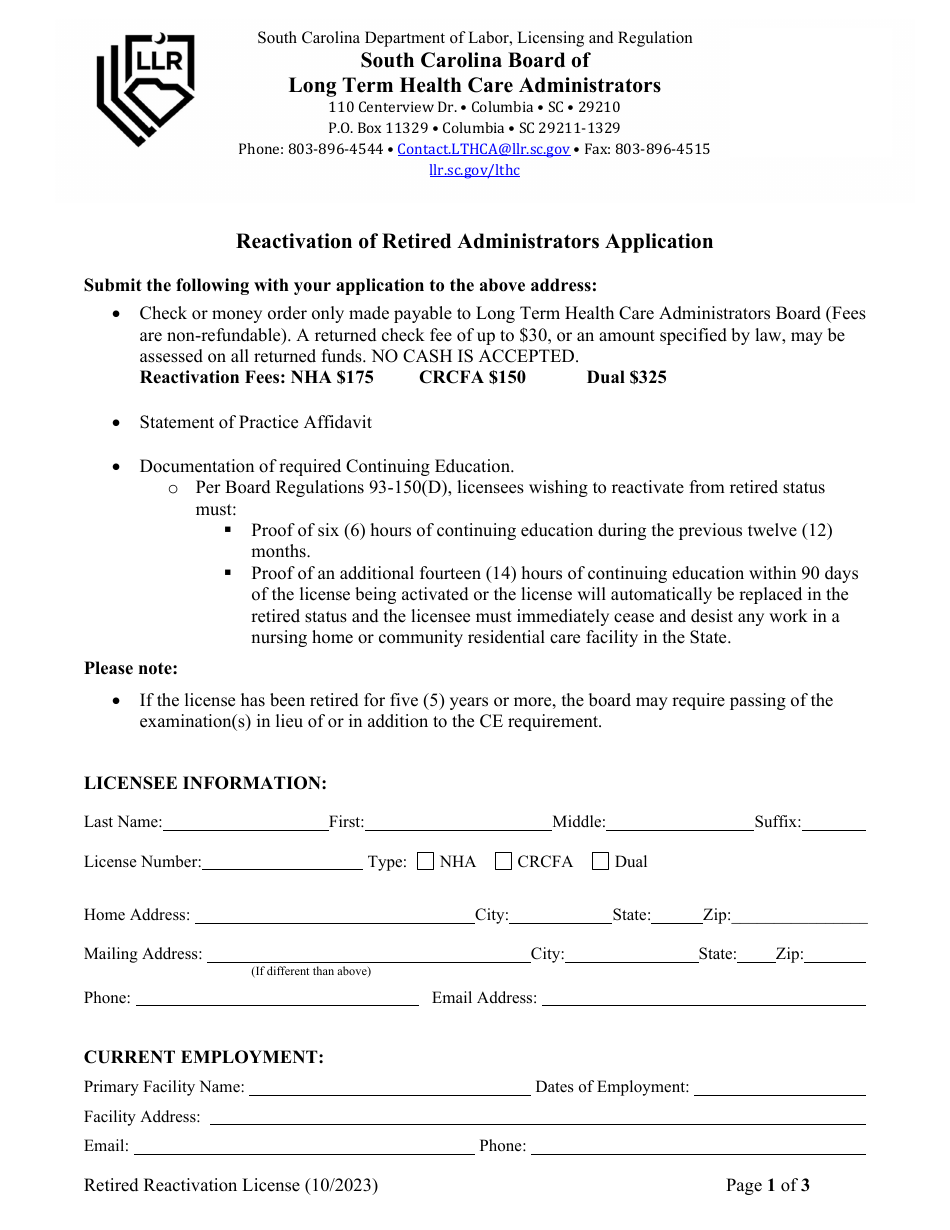 Reactivation of Retired Administrators Application - South Carolina, Page 2