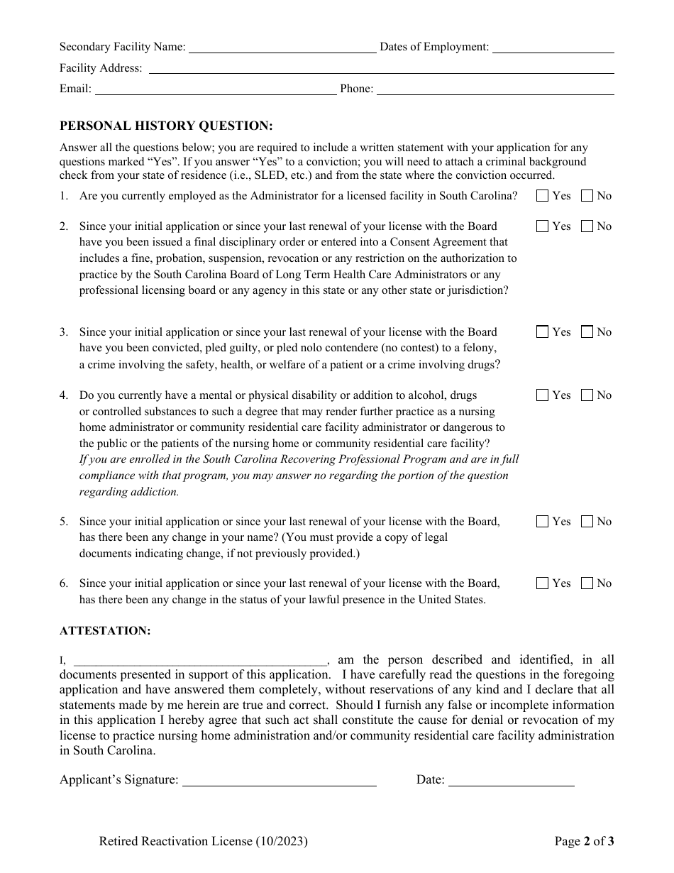 Reactivation of Retired Administrators Application - South Carolina, Page 3