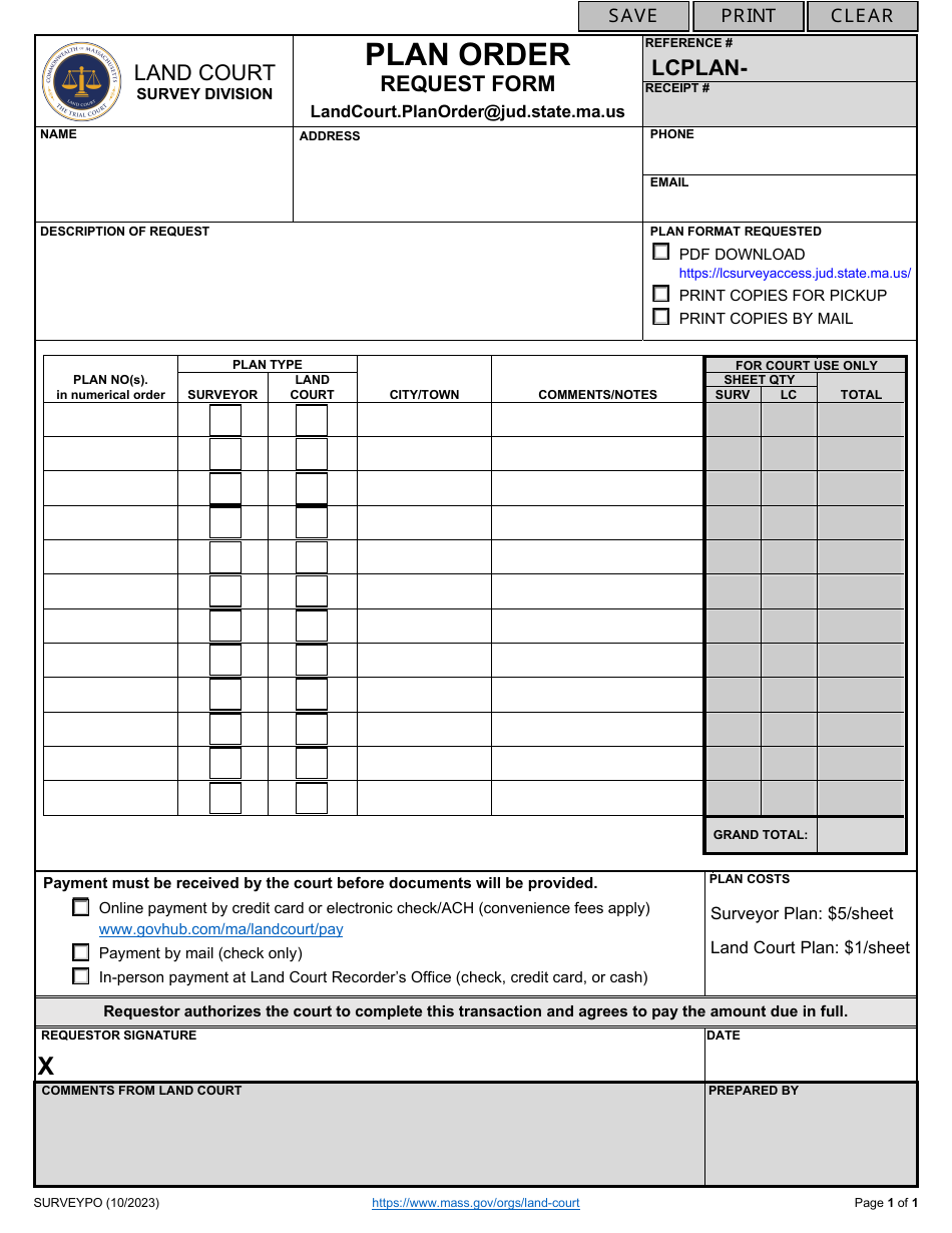 Plan Order Request Form - Massachusetts, Page 1