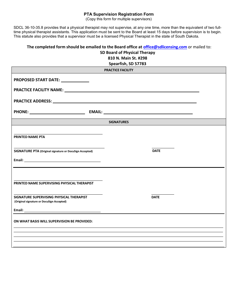 Pta Supervision Registration Form - South Dakota, Page 1