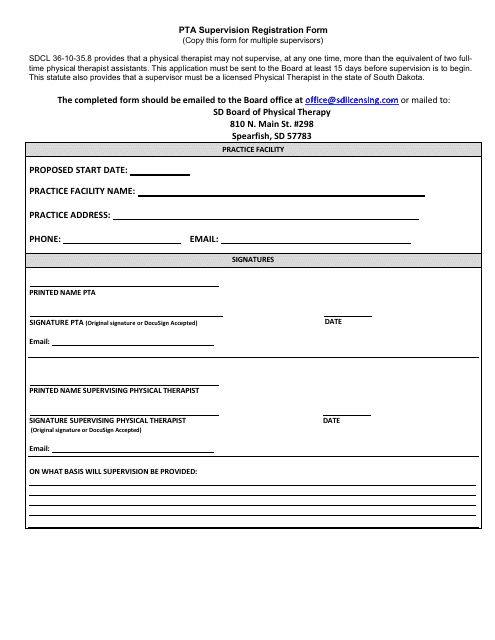 Pta Supervision Registration Form - South Dakota