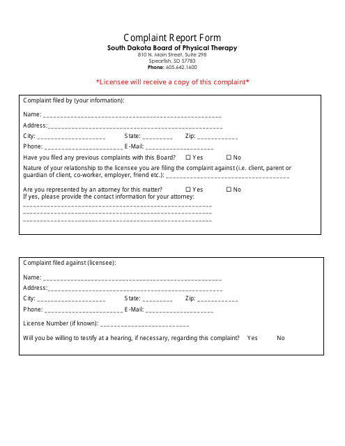 Complaint Report Form - South Dakota Board of Physical Therapy - South Dakota