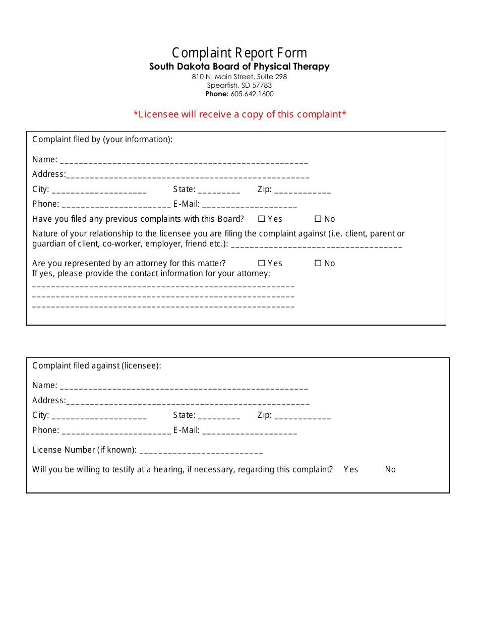 Complaint Report Form - South Dakota Board of Physical Therapy - South Dakota, Page 1