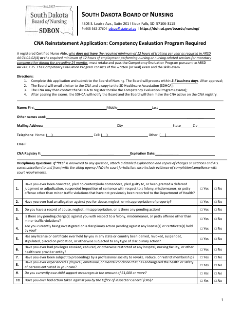 Cna Reinstatement Application: Competency Evaluation Program Required - South Dakota Download Pdf
