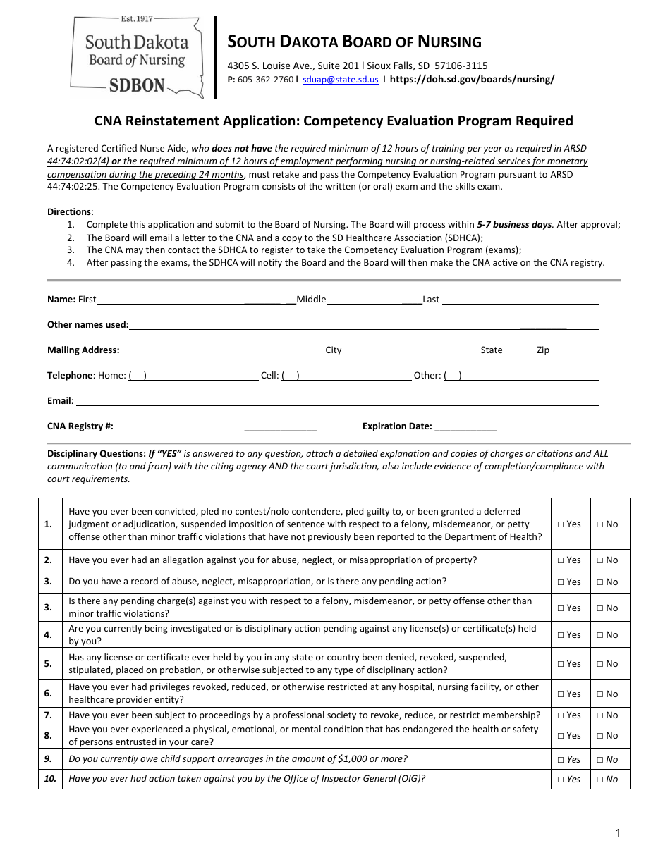 Cna Reinstatement Application: Competency Evaluation Program Required - South Dakota, Page 1