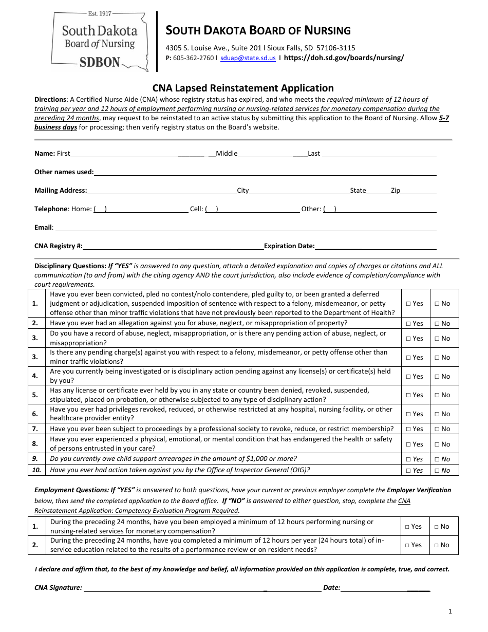 Cna Lapsed Reinstatement Application - South Dakota, Page 1