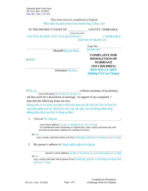 Form DC6:4.1 Complaint for Dissolution of Marriage (No Children) - Nebraska (English/Vietnamese)