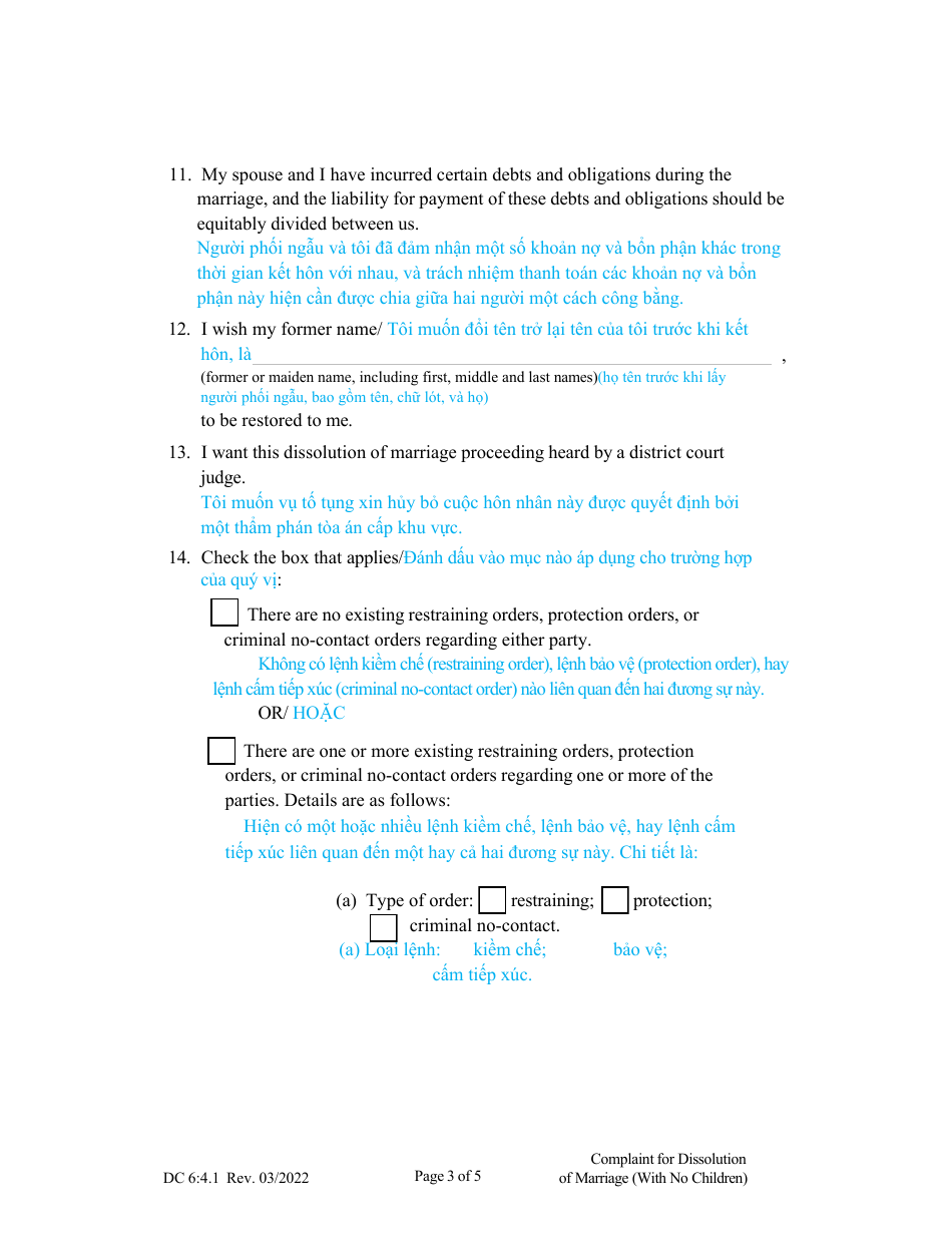 Form DC6:4.1 Complaint for Dissolution of Marriage (No Children) - Nebraska (English / Vietnamese), Page 3