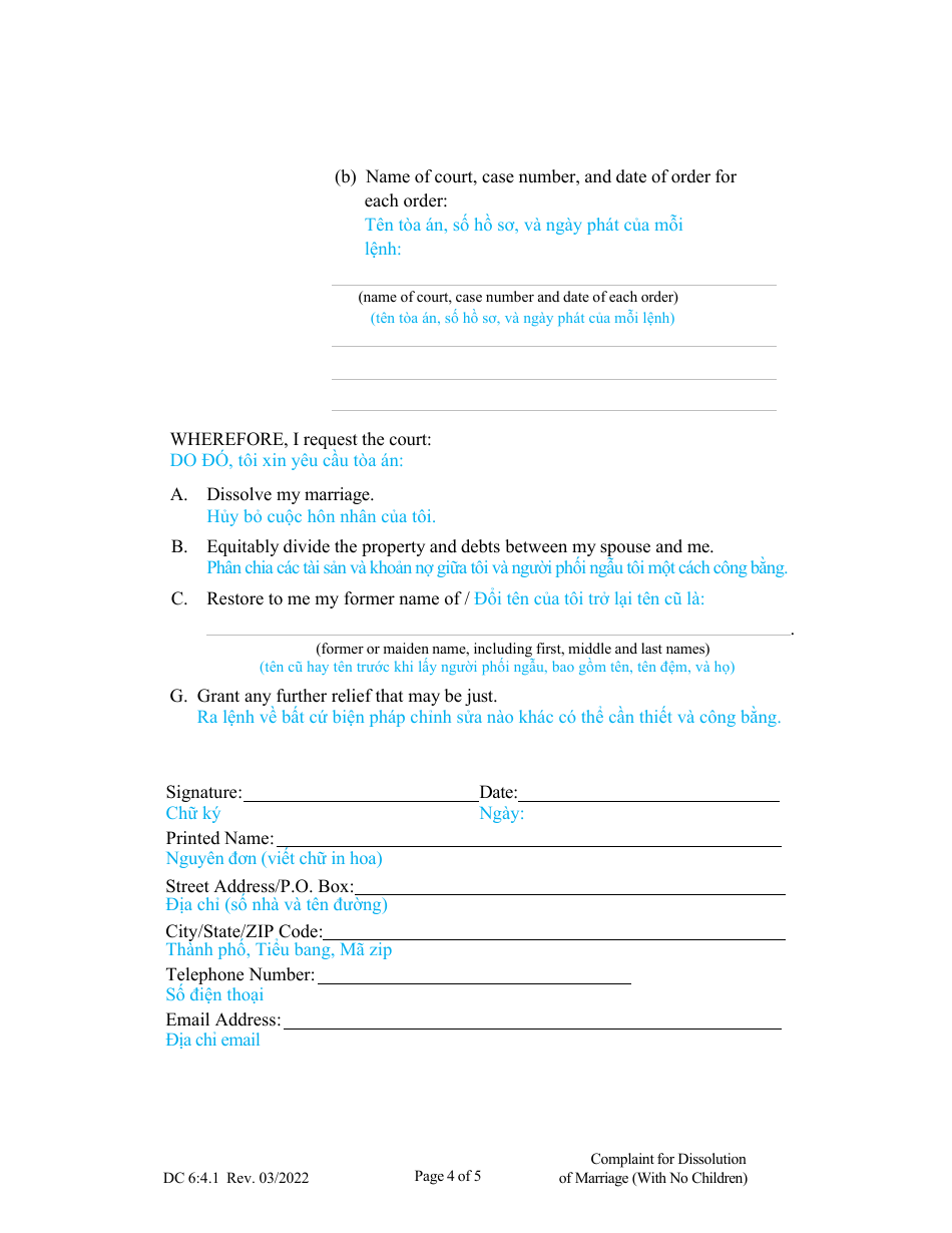Form DC6:4.1 Complaint for Dissolution of Marriage (No Children) - Nebraska (English / Vietnamese), Page 4