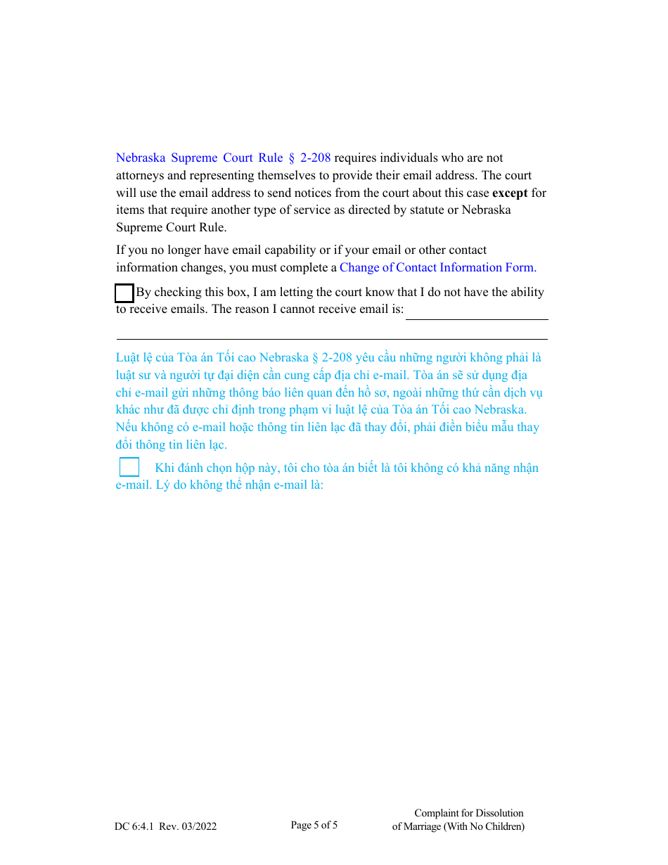 Form DC6:4.1 Complaint for Dissolution of Marriage (No Children) - Nebraska (English / Vietnamese), Page 5