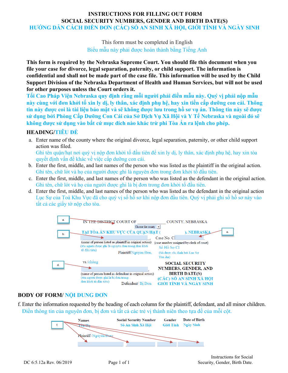 Instructions for Form DC6:5.12 Social Security Numbers, Gender, and Birth Date(S) - Nebraska (English / Vietnamese), Page 1
