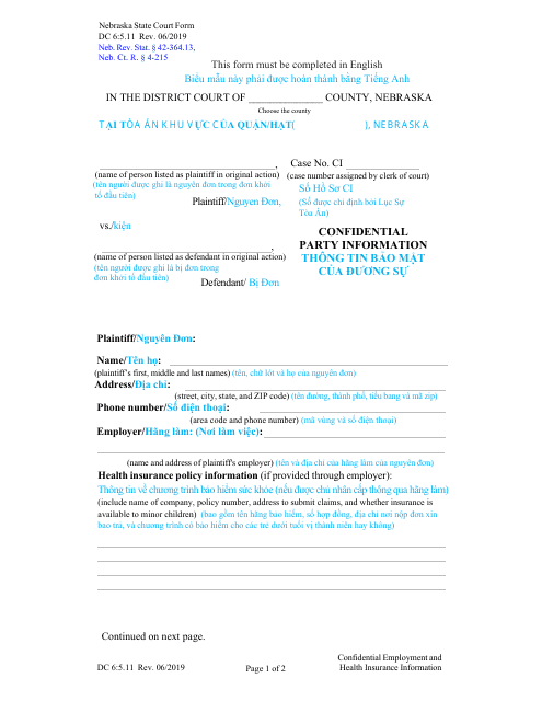 Form DC6:5.11 Confidential Party Information - Nebraska (English/Vietnamese)