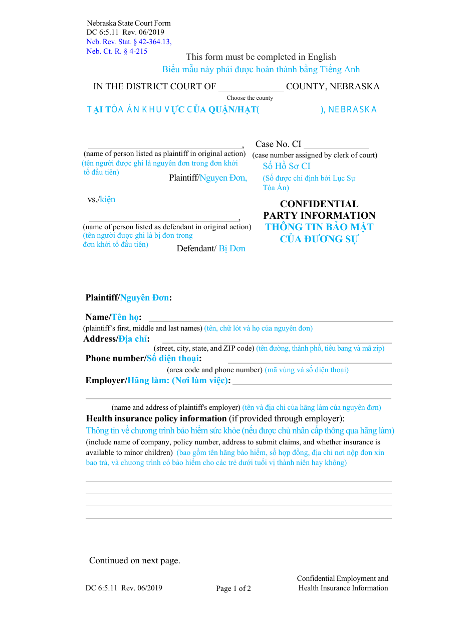 Form DC6:5.11 Confidential Party Information - Nebraska (English / Vietnamese), Page 1