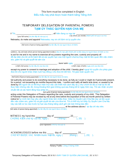 Form DC6:10.1 Temporary Delegation of Parental Powers - Nebraska (English/Vietnamese)